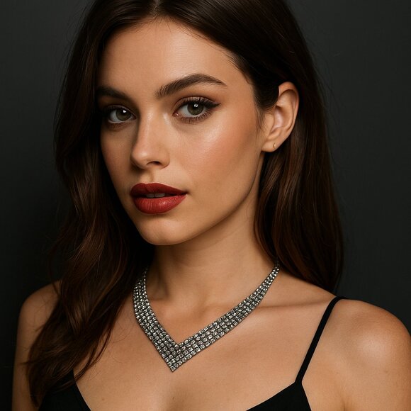 Y2K Silver Rhinestone V Necklace Statement Choker Adjustable - Picture 1 of 8